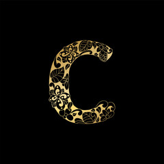 Golden Floral Ornamental Alphabet, Initial Letter C Font. Vector Typography Symbol for Gold Wedding and Monograms Isolated Ornament Design on Black Background