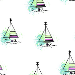 Childish pattern yachts silhouette on wave.