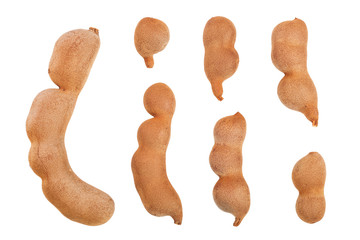 Tamarind fruit isolated on white background, Top view. Flat lay. Set or collection