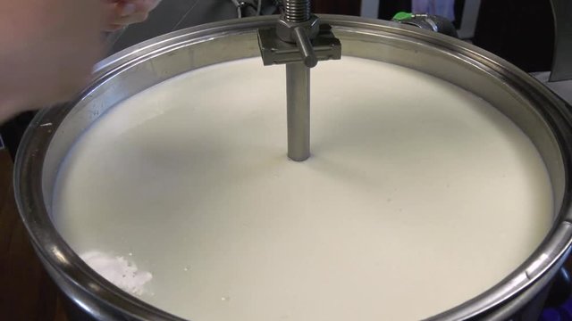 Fresh goat's milk is mixed in a stainless steel tank during pasteurisation on the farm.