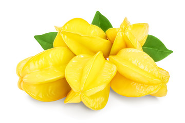 Carambola or star-fruit with leaf isolated on white background