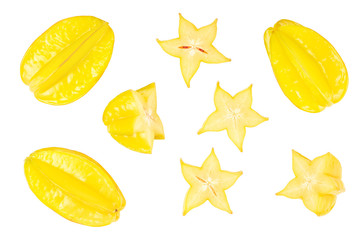Carambola or star-fruit isolated on white background. Top view. Flat lay