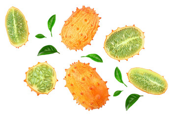 Kiwano or horned melon with leaves isolated on white background, Top view. Flat lay.