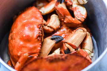 Cooked crab on steamer pot - Seafood boiled red stone crabs