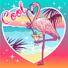 Cool Flamingo drinks margarita on a sunset landscape - obrazy, fototapety, plakaty