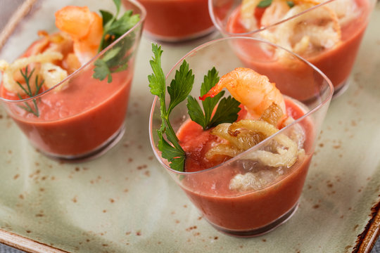 Fish Mousse With Shrimps And Squids In Glass Cups On Banquet Table. Delicious Appetizers, Gourmet Food Close Up, Snack, Antipasti, Seafood Platter