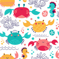 Summer marine background with sea animals. Seamless vector pattern with crab and seahorse. - 272335637