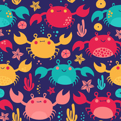 Seamless vector pattern with cute crabs on a dark background.