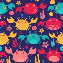 Wall murals Sea animals Seamless vector pattern with cute crabs on a dark background.