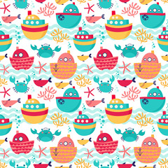 Seamless vector pattern with steamboats, fishes, crabs and sea stars.