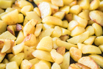 Potatoes Fried potatoes in pan Roasted golden crispy potato slices