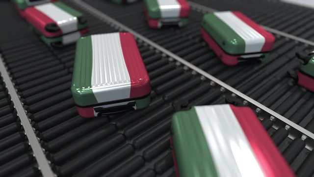Many travel suitcases featuring flag of Hungary. Hungarian tourism conceptual animation