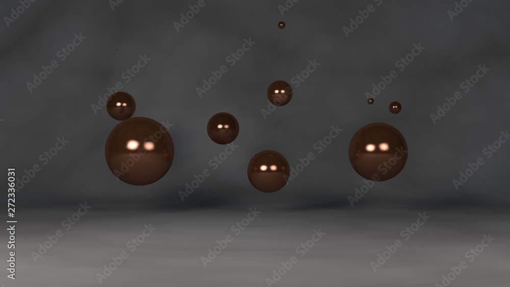 Poster 3d illustration of a set of bronze balls. the spheres are randomly placed in space above the reflect