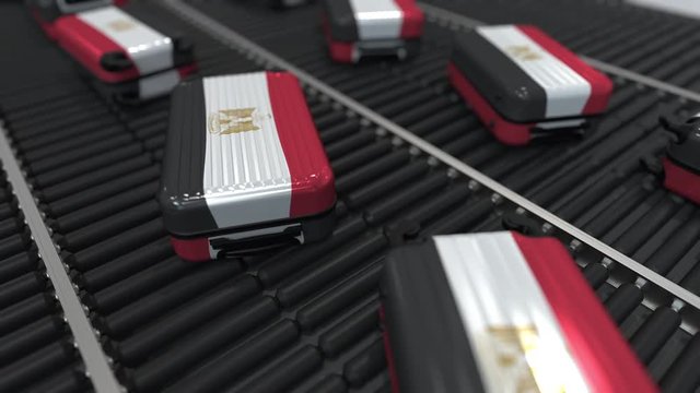 Many travel suitcases featuring flag of Egypt. Egyptian tourism conceptual animation