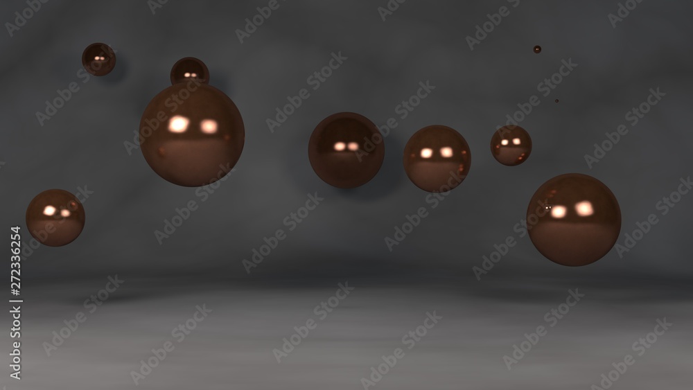 Poster 3d illustration of a set of bronze balls. the spheres are randomly placed in space above the reflect