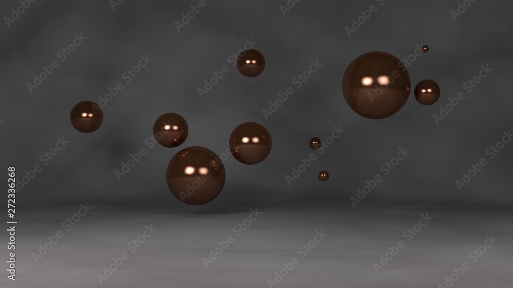 Poster 3d illustration of a set of bronze balls. the spheres are randomly placed in space above the reflect