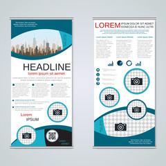 Modern roll-up abstract geometric style business banners, two-sided flyer vector design template