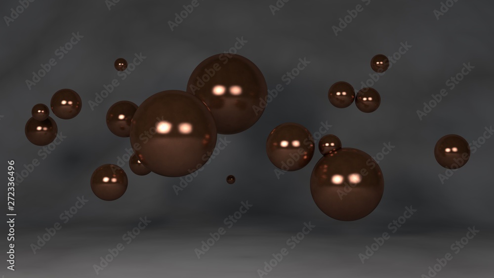Poster 3d illustration of a set of bronze balls. the spheres are randomly placed in space above the reflect