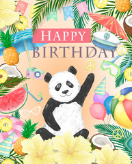 Happy Birthday card design with cute panda Watercolor isolated cute colorful bear clipart. Ilustration for greeting card. Invite poscard, beauty animal. Birthday and celebration