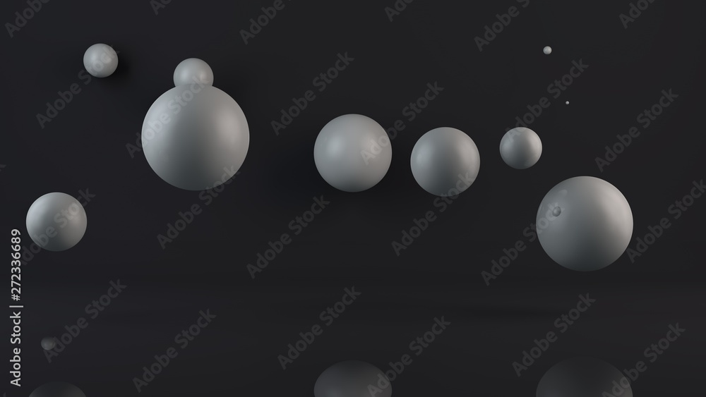 Poster 3d illustration of many white balls. the spheres are located randomly, randomly in the space above t