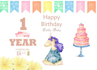 Watercolor isolated cute colorful unicorn clipart. Nursery unicorns illustration. Princess unicorns poster. Trendy pink cartoon horse. Birthday, celebration invite card. Tasty cake. Cute clip art