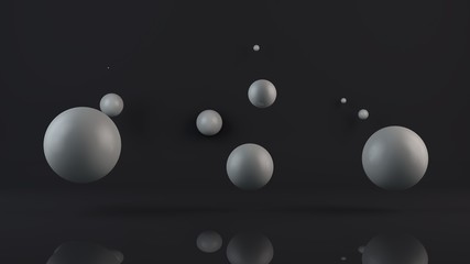 3D illustration of many white balls. The spheres are located randomly, randomly in the space above the reflecting surface. 3D rendering, abstraction, abstract, futuristic background.