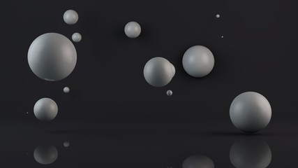 3D illustration of many white balls. The spheres are located randomly, randomly in the space above the reflecting surface. 3D rendering, abstraction, abstract, futuristic background.