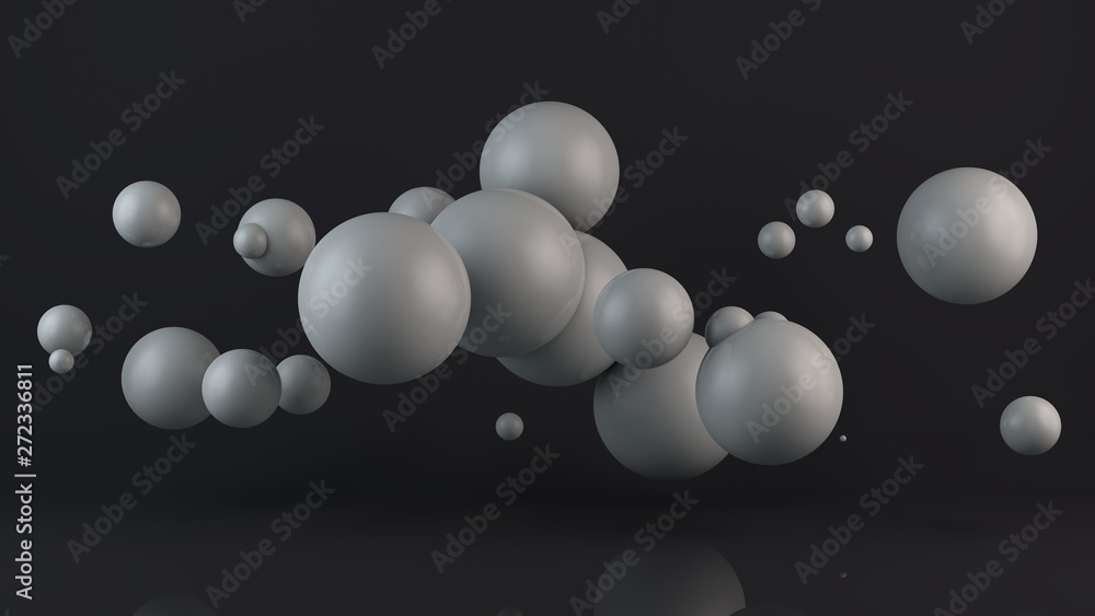 Poster 3d illustration of many white balls. the spheres are located randomly, randomly in the space above t