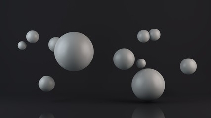 3D illustration of many white balls. The spheres are located randomly, randomly in the space above the reflecting surface. 3D rendering, abstraction, abstract, futuristic background.