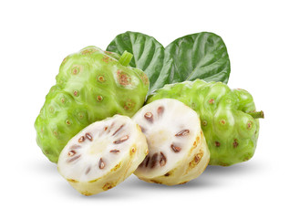 Noni fruit with leaf on white background. full depth of field