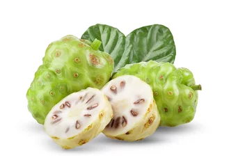 Foto op Canvas Noni fruit with leaf on white background. full depth of field © supamas