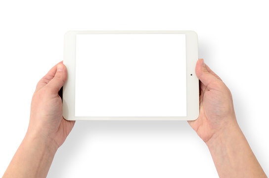 Hands Holding A Gadget On A White Background. Tablet Computer, Wireless Device.