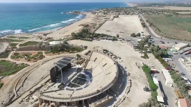 Aerial view of Caesarea Roman Amphitheater and Old City. Israel. DJI-0015-03