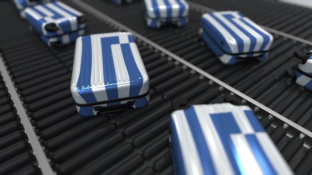 Many travel suitcases featuring flag of Greece. Greek tourism conceptual animation