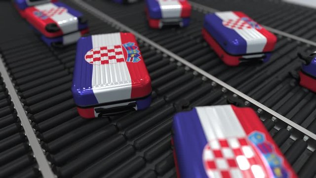 Many travel suitcases featuring flag of Croatia. Croatian tourism conceptual animation