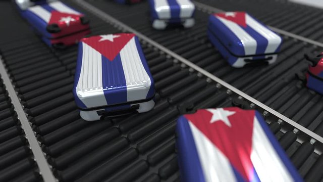 Many travel suitcases featuring flag of Cuba. Cuban tourism conceptual animation
