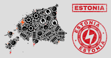 Composition of mosaic power supply Estonia map and grunge stamps. Mosaic vector Estonia map is composed with gear and lamp elements. Black and red colors used.