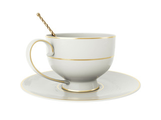 Antique white porcelain cup with gold, gold tea spoon on white. 3D Illustration