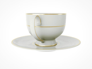 Isolated antique porcelain cup with gold on white background. 3D Illustration