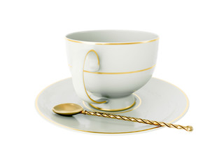 Antique white porcelain cup with gold, gold tea spoon on white. 3D Illustration