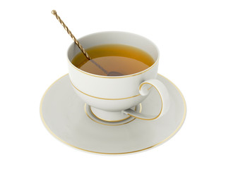 Antique white porcelain cup with tea, gold tea spoon on white. 3D Illustration