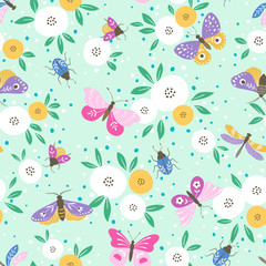 Seamless pattern of multicolored butterflies, insects and white flowers on light menthol color background.