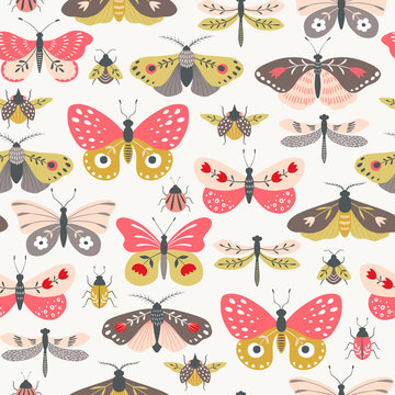 Seamless pattern of folk decorative butterflies, moths, dragonflies and bugs on light background.