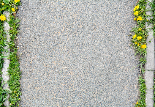 Texture of rough asphalt road with grass and flowers of Dandelion at edges