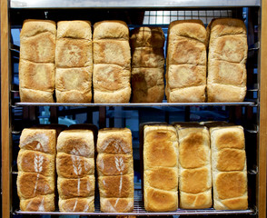 Loaves of bread for sale in a bread shop.
