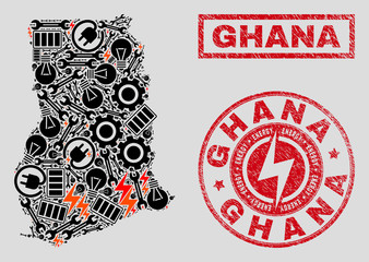 Composition of mosaic power supply Ghana map and grunge seals. Mosaic vector Ghana map is composed with service and bulb symbols. Black and red colors used. Abstraction for power supply services.