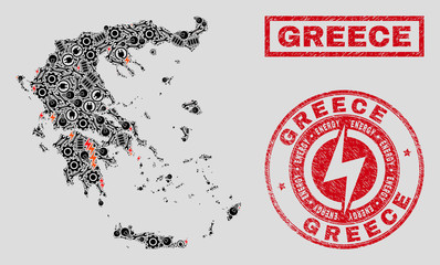 Composition of mosaic power supply Greece map and grunge watermarks. Mosaic vector Greece map is designed with workshop and bulb icons. Black and red colors used. Templates for power supply business.