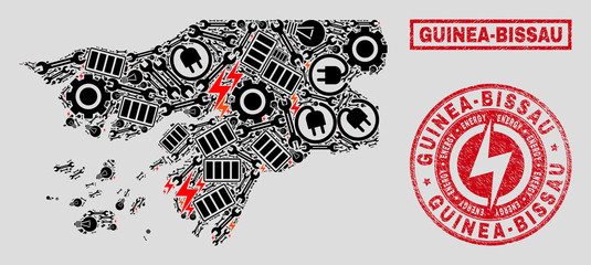 Composition of mosaic power supply Guinea-Bissau map and grunge stamps. Mosaic vector Guinea-Bissau map is created with tools and power elements. Black and red colors used.