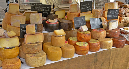 Variety of cheese displayed in an open air market, Ajaccio, Corsica