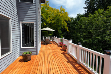 Brand new red cedar outdoor wooden patio during nice day - 272341684